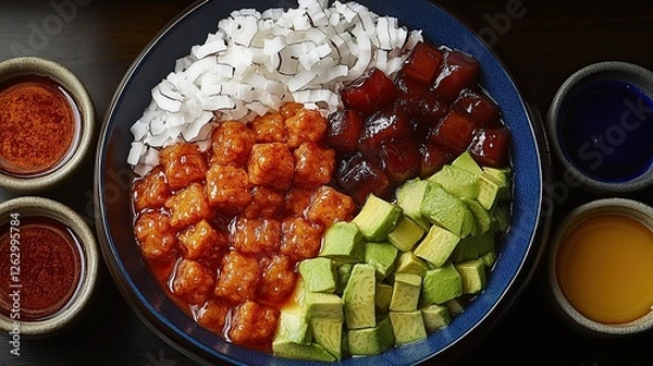 Fototapeta Indonesian es teler with avocado, coconut, and jackfruit topped with shaved ice, presented in a modern bowl with colorful syrups 