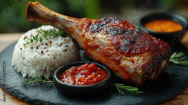 Fototapeta A traditional plate of Indonesian kue cubir, rice flour cakes filled with palm sugar syrup and topped with grated coconut