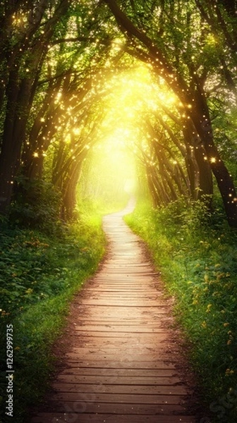 Fototapeta Magical forest path, sunlight, nature, fantasy, hope, peaceful background, ideal for fantasy stories