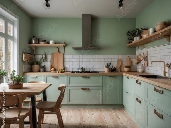 Fototapeta Sage Green Kitchen With Wooden Accents And Farmhouse Style