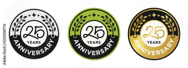 Fototapeta Set of 25 anniversary logo design vector illustration with laurel wreath circle emblem badge isolated in gold, green, gray and black colors