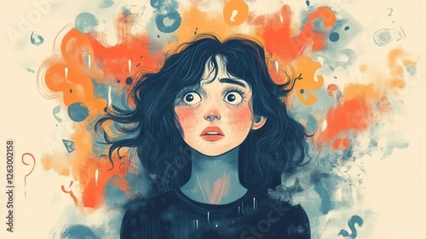 Obraz A surreal, artistic depiction of a person struggling with depression and anxiety, hands on their head, surrounded by chaotic and dark elements representing inner turmoil and overthinking.