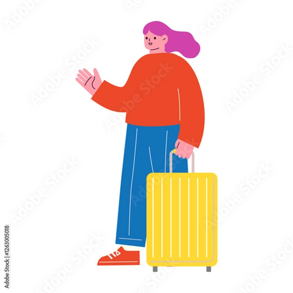 Fototapeta 旅行する女性のベクターフラットイラスト。スーツケースを持ったカジュアルなスタイルの女性。