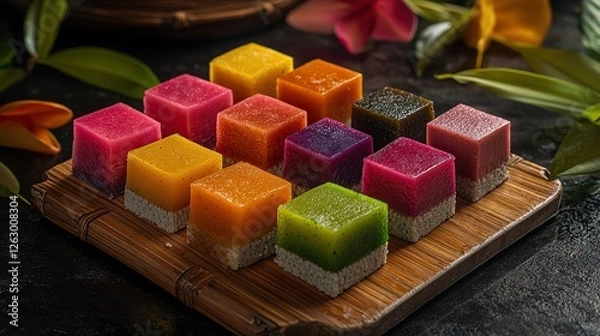 Fototapeta Indonesian kue lapis with colorful layers of rice flour and pandan flavor, presented in a bamboo steamer
