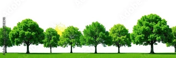 Fototapeta Lush green trees in a vibrant row against a bright white sky , greenery, botany, backdrop