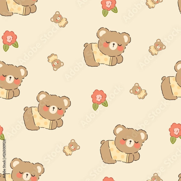 Obraz Cute baby bear sleeping with bear toy and flowers on a neutral beige background, kids seamless pattern wallpaper design.
