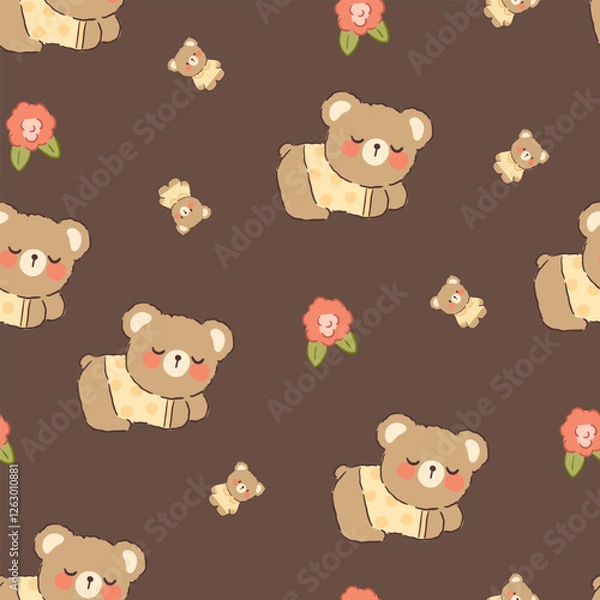 Obraz Cute sleeping teddy bear hand drawn with rose on a deep brown dark background, kids seamless pattern.