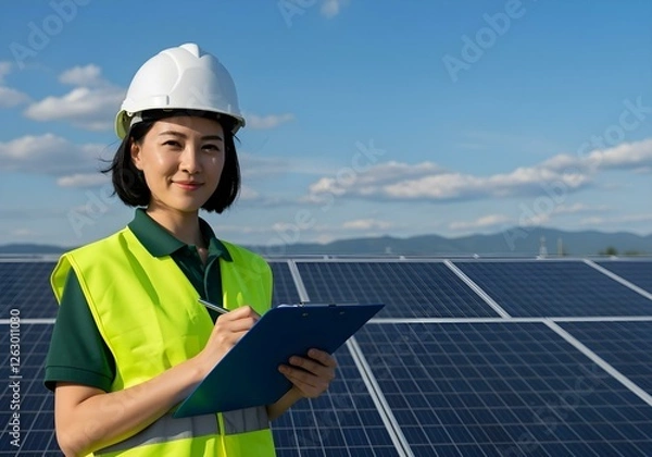 Fototapeta A woman engineer wearing a hard hat and safety vest stands by expansive rows of solar panels, holding a clipboard.