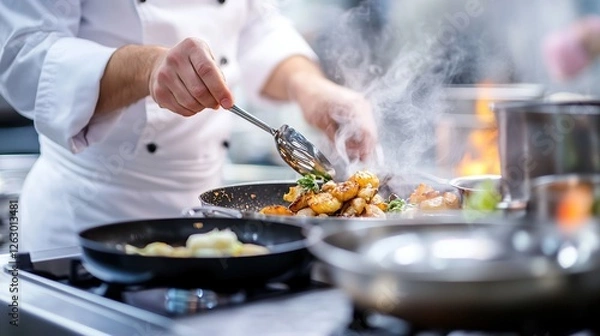 Obraz A professional chef cooking a multi-course meal for a fine dining event, focusing on every stage of preparation.