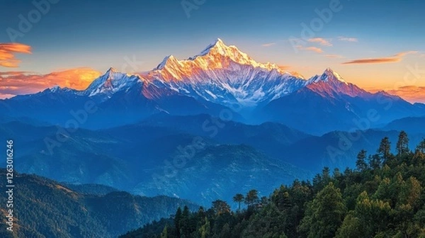 Fototapeta Majestic mountain ranges illuminated by golden-hour light with snow-capped peaks and lush valleys in natural, raw detail.