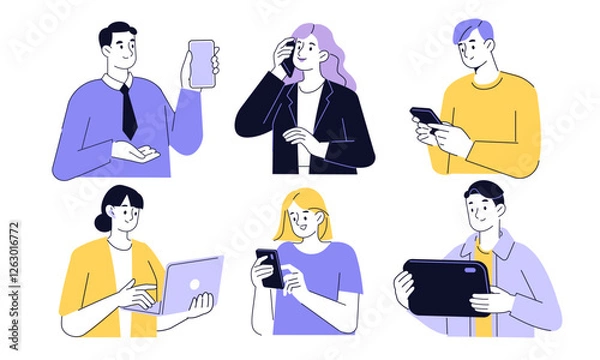 Fototapeta People with devices set. Female and male characters use smartphone, laptop, tablet and making phone call, surfing the internet, browsing in social media. Business doodle concept. Vector illustration.
