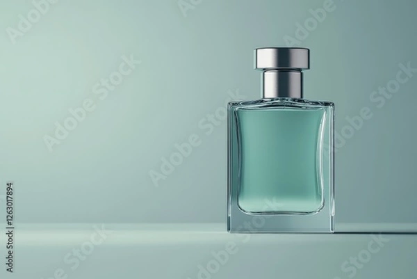 Fototapeta Elegant glass bottle of turquoise perfume displayed on a minimalist background with soft lighting