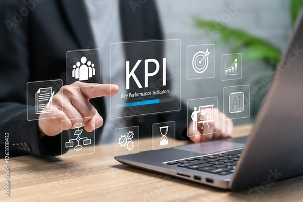 Fototapeta KPI Key Performance Indicators concept, Businesswomen analyze key performance indicators, Business management growth, Metrics connected to the database, Finance, Sales, Marketing Target