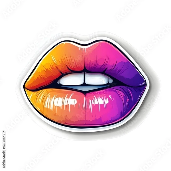 Fototapeta A sticker-style image shows open lips with white teeth, featuring a vibrant gradient from orange to pink to purple, isolated on a white background with a subtle outline.