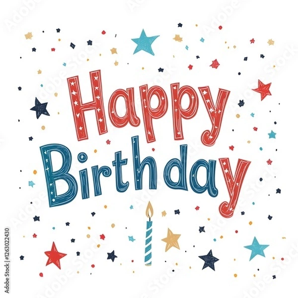 Fototapeta A festive design displays "Happy Birthday" in red and blue, surrounded by colorful star confetti and a single candle on a stark white background illustration.