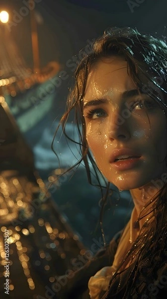 Fototapeta A woman with wet hair and a glistening face gazes upwards, set against a bokeh-lit, nautical backdrop. She appears distressed, immersed in atmospheric intensity.