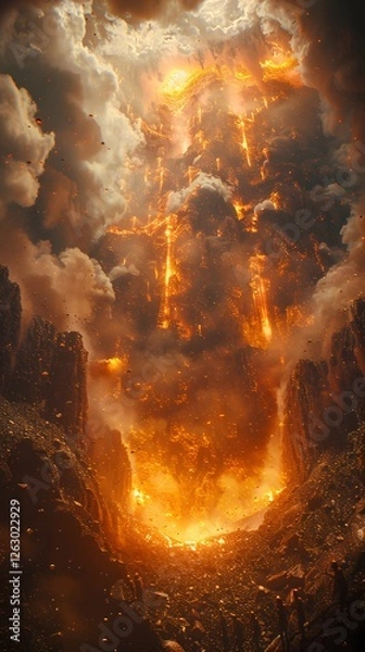 Fototapeta A dramatic scene showcases a fiery, apocalyptic landscape, with glowing embers and lava-like formations rising amidst cloudy skies, suggesting destruction and intense heat.
