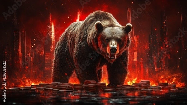 Obraz A bear standing on a pile of coins against a collapsing red market background, symbolizing a bear market.