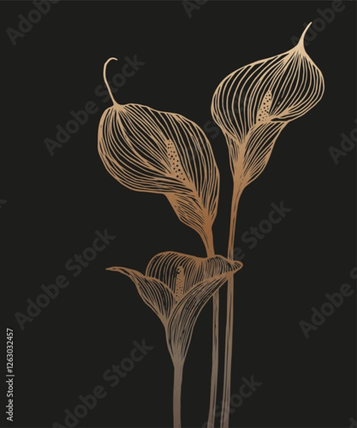 Fototapeta Gold pattern on a black background. Linear drawing of a lily. Interior print, print for any surface.