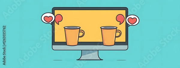 Fototapeta A computer screen with two coffee cups and chat bubbles on the screen
