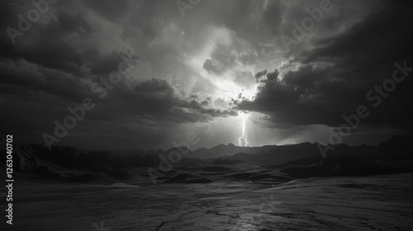 Obraz Dramatic Black and White Landscape with Lightning Strike over Mountain Range.