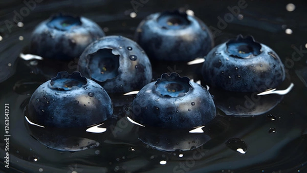 Fototapeta Fresh blueberries with water droplets float in clear water, creating a spectacular reflection and emphasizing their juiciness, naturalness and health benefits in a gloomy macro shot