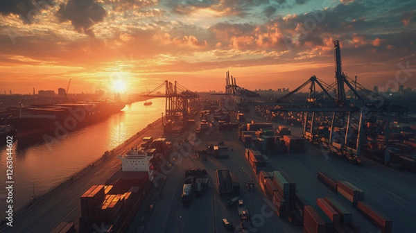 Fototapeta Container truck in ship port for business Logistics and transportation of Container Cargo ship and Cargo plane with working crane bridge in shipyard at sunrise, logistic import export and transport

