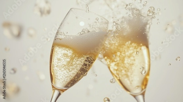 Fototapeta Two champagne flutes are being splashed with water. A champagne glass clinking with bubbles. A festive party for the new year. Water is being splashed onto lifestyle two champagne flutes.