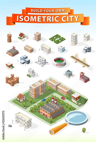 Fototapeta Build Your Own Isometric City. Isolated Vector Elements.