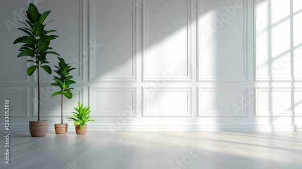 Fototapeta Elegant interior with pristine white walls and green plants in pots