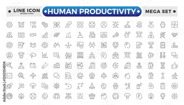 Fototapeta Human Productivity outline icon set productivity and efficiency. Linear business and leader symbols efficiency, task, focus, multitasking, workflow, growth, and routine. Editable stroke outline icon.