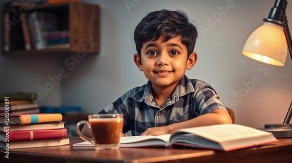 Obraz A cute Indian schoolboy with charming features sits at a desk, surrounded by books, a cup of chai and a study lamp.  The image shows a quiet, indoor setting with soft pastel lighting