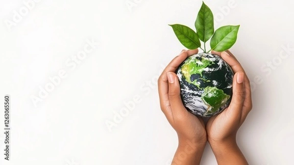 Fototapeta A pair of hands gently holds a small globe adorned with leaves, symbolizing environmental care and sustainability.