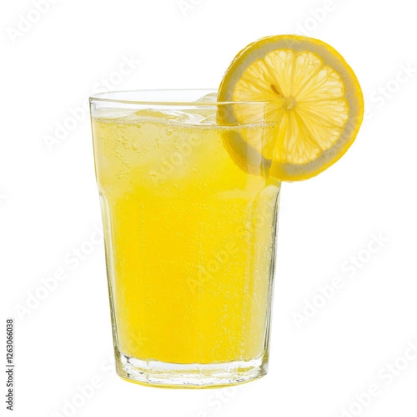 Fototapeta Refreshing lemon drink in glass with ice and lemon slice
