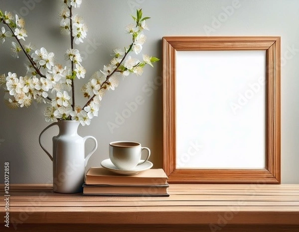 Fototapeta spring interior still life cup of coffee tea on old books white blossoming cherry plum tree branches in ceramic vase on bamboo table vertical wooden picture frame poster mockup hanging on wall