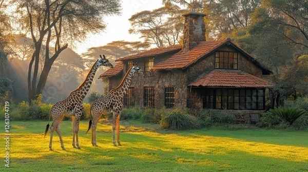 Obraz Two giraffes standing side by side in an open savanna.