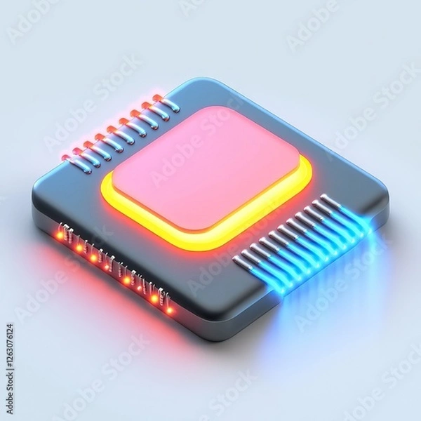 Fototapeta A futuristic microchip with a glowing design, featuring a pink center and illuminated edges in blue and red, set against a smooth background.