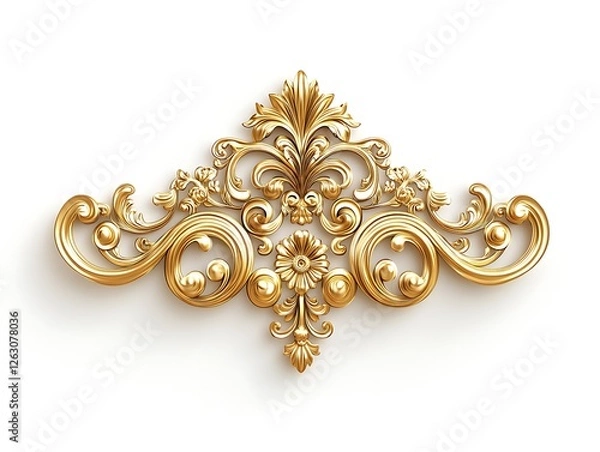 Fototapeta Opulent Golden Filigree Decorative Element on Pure White Surface An exquisite golden filigree decorative element with delicate swirls and an ornate design isolated on a clean white background