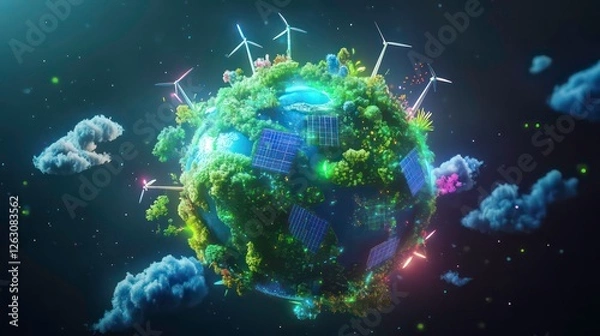 Fototapeta Lush green planet with wind turbines and solar panels, representing sustainable energy and environmental protection.