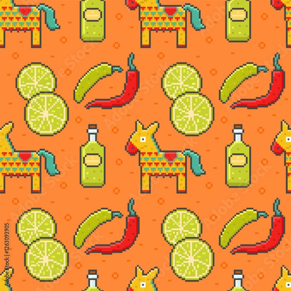 Fototapeta Seamless pattern cinco de mayo in pixel style on an orange background. Vector illustration