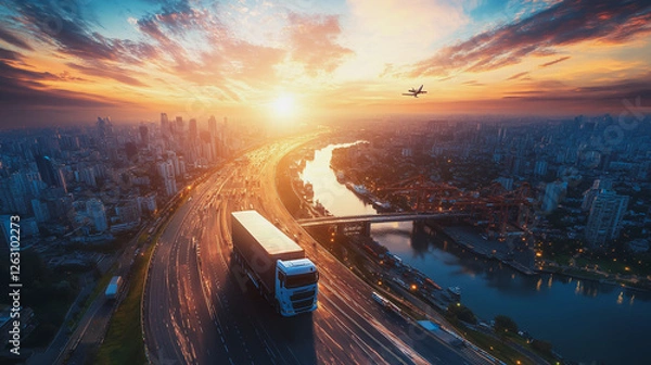 Fototapeta Container truck in ship port for business Logistics and transportation of Container Cargo ship and Cargo plane with working crane bridge in shipyard at sunrise, logistic import export and transport