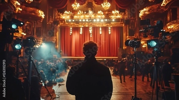 Fototapeta Director watching theater stage during rehearsal with cameras and crew