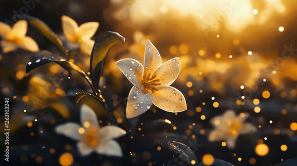 Fototapeta A cinematic macro shot of neroli flowers, water droplets clinging to the petals and leaves, refracting golden sunlight.