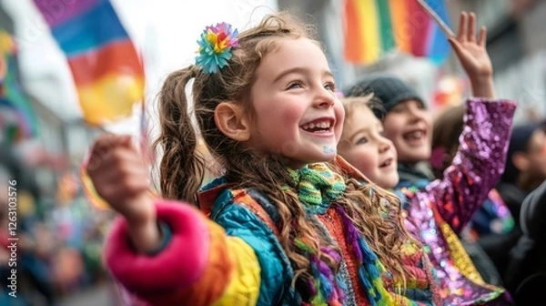 Fototapeta Children celebrating gay pride parade with rainbow flags and colorful clothes