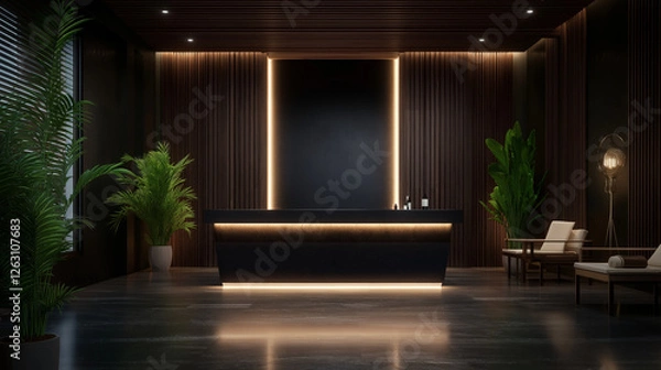 Fototapeta A luxury spa reception with a vertical banner ad promoting wellness packages, surrounded by soft lighting, elegant furniture, and serene green plants.