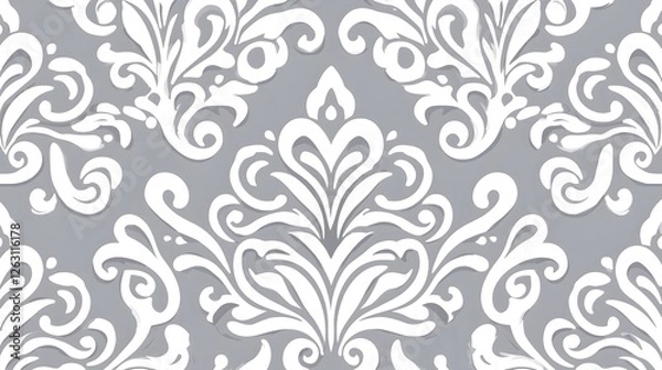 Obraz Elegant White Floral Damask Pattern on Soft Gray Background