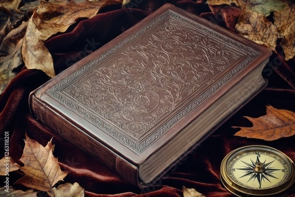 Fototapeta An antique leather-bound book with ornate detailing placed on brown velvet fabric with autumn leaves and a vintage compass, evoking a sense of timelessness and exploration.
