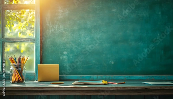 Fototapeta Sunlit classroom scene featuring a chalkboard, pencils, notebooks, and an inviting window. Perfect for education, back to school, or learning concepts.