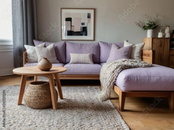 Fototapeta Lavender Sectional Sofa With Wooden Frame And Accessories