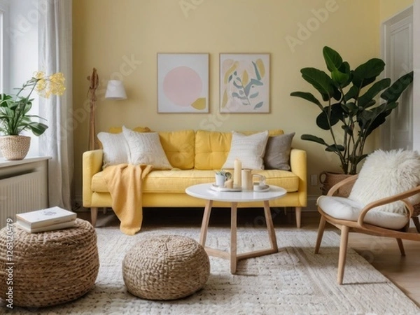 Fototapeta Yellow Living Room Decor With Plants And Woven Accents